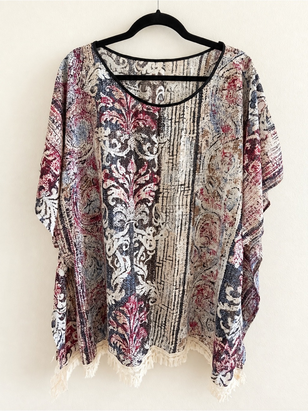 Fringe-Hem Boho Print Women's Top in Cream, Navy & Burgundy